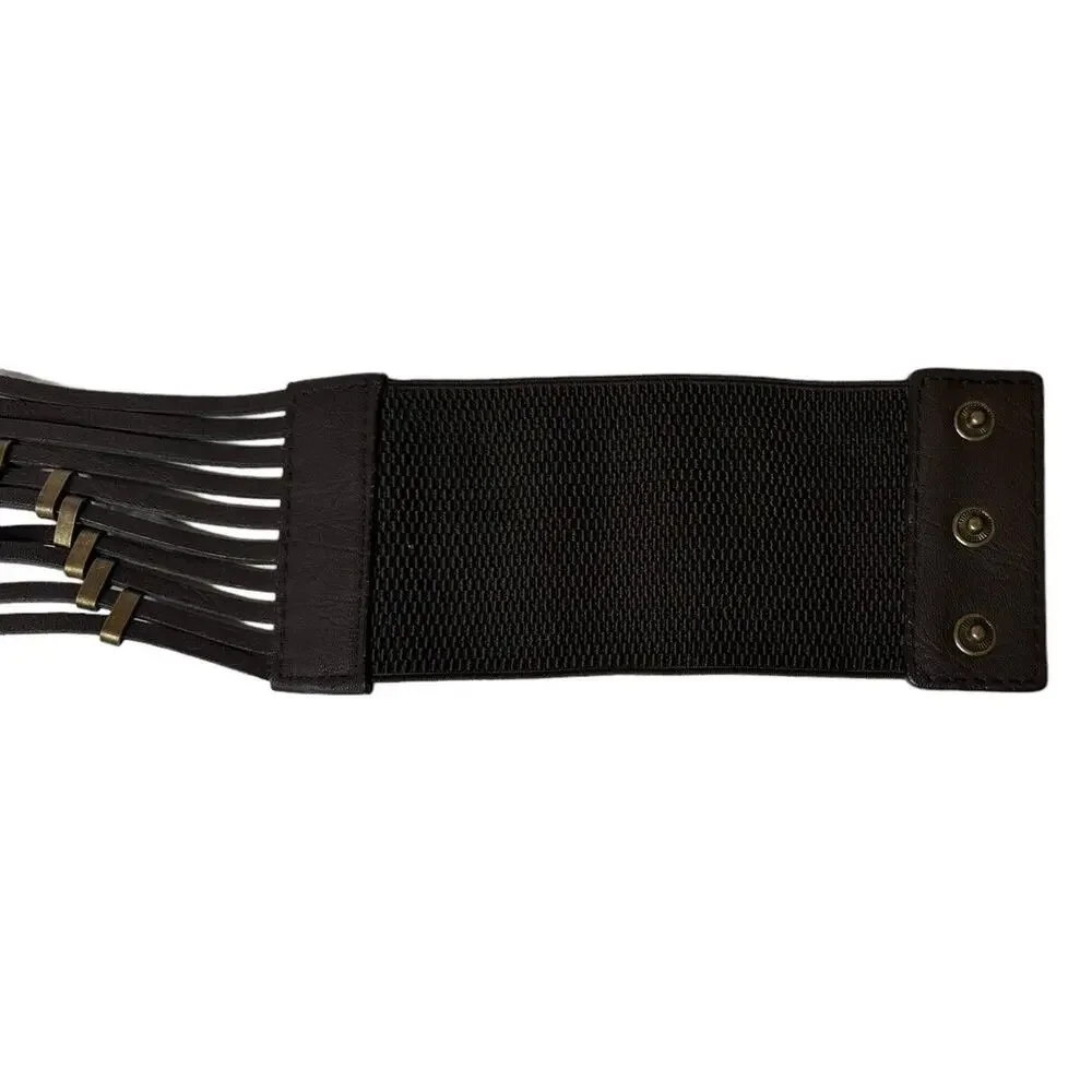 Vintage ANGIE Wide Brown Beaded Faux Leather Elastic Stretch Snap Closure‎ Belt